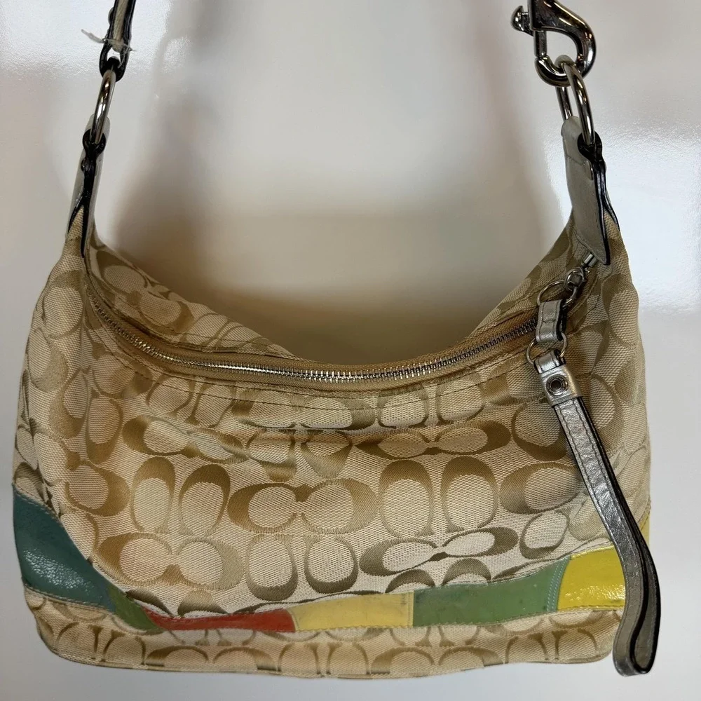 Coach Hobo Bag Womens Medium Beige Signature Poppy Multicolor‎ Patchwork Canvas